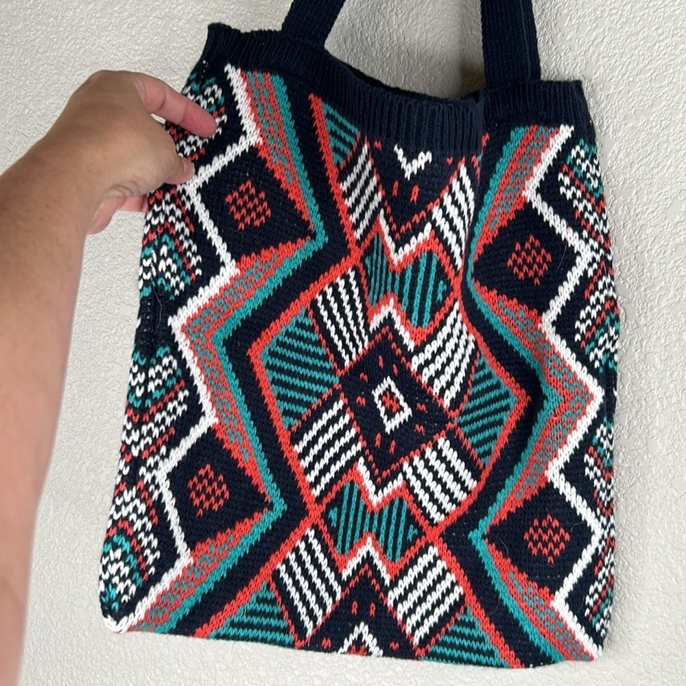 Bohemian Boho Blue Geometric Tribal Pattern Knitted Shoulder Bag New without tag - Picture 4 of 8